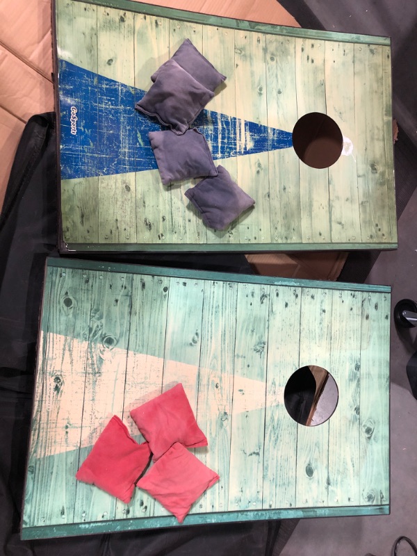 Photo 1 of GoSports 4'x2' Classic Cornhole Set with Rustic Wood Finish | Includes 8 Bags, Carry Case and Rules, Red/Blue