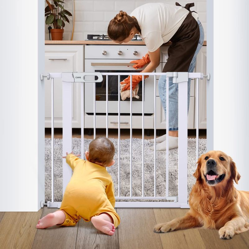 Photo 1 of Ciays Safety Baby Gate, Extra Wide Auto-Close Dog Gate for Stairs, Easy Walk Thru Indoor Pet Gate for Doorways and Rooms, White Child Gate Easy Pressure Mounted Installation----------Lightly used----------missing some items and hardware/screws 
