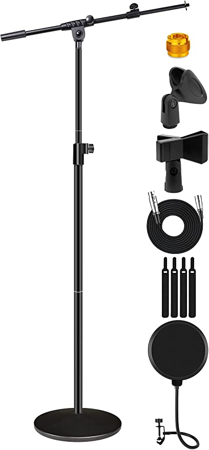 Photo 1 of Microphone Stand, Detachable Weighted Round Base Mic Floor Stand with Boom Arm Pop Filter Mic Clips 3/8" to 5/8" Adapter Cable Ties, Height Adjustable from 48" to 63" for Snowball Blue Yeti
