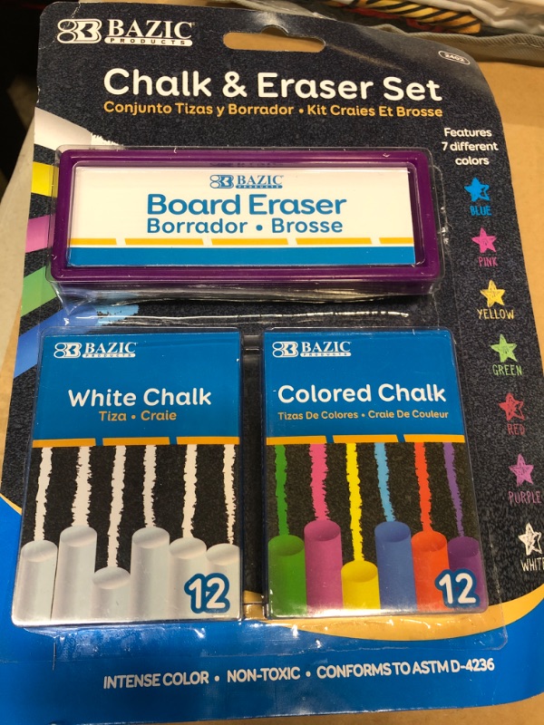 Photo 2 of 3 Pk, 12 Color and 12 White Chalk with Eraser Sets, Assorted