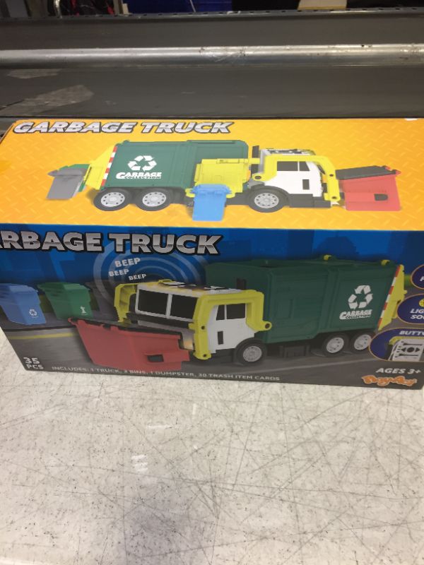 Photo 3 of JOYIN Toys for 3+ Yesrs Old Boys, 16" Large Garbage Truck Toy, Friction Powered Waste Management Garbage Truck with Lights and Sounds, Front Load Dumpster, Trash Bins with Trash Cards, Toddlers Gifts