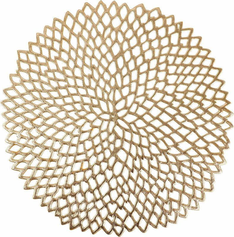 Photo 1 of 18 Pack Gold Vinyl Round Placemats, 15'' Laminated Plastic Morden Floral Table Mats, Kitchen Place Mats for Dining Table Decoration, by Snowkingdom
