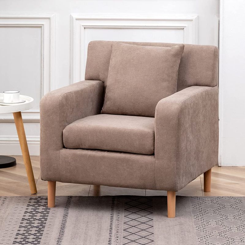 Photo 1 of ALIMORDEN Modern Cotton Fabric Club Chair with Pillow, Sofa Side Single Padded Armchair with Wooden Frame, Retro Upholstered Lounge Seat, Comfy Reading Chair for Living Room, Bedroom, Light 
