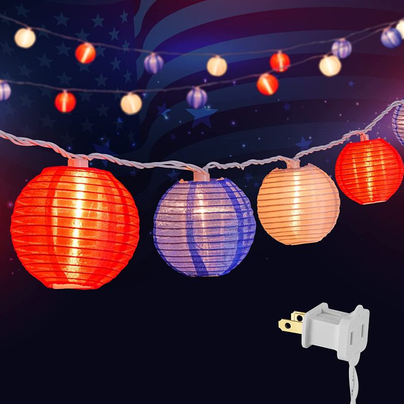 Photo 1 of 4th of July Lights - Minetom Lantern String Lights, 6.7 Feet 10 Waterproof Nylon Lantern Hanging Globe Light, Plug in Connectable Decorative Lights for Independence Day Garden Fourth of July Decor
