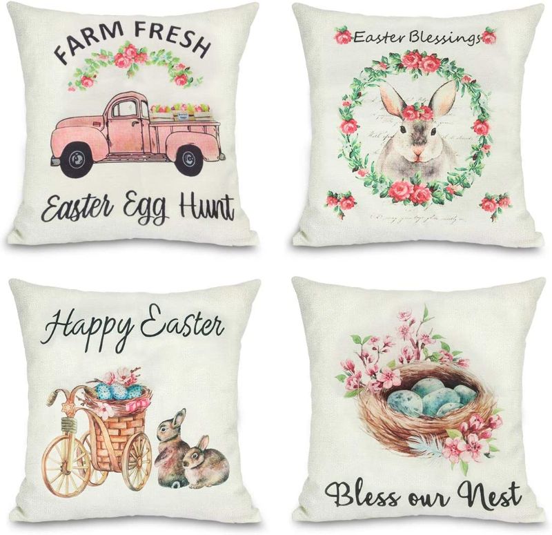 Photo 1 of AHONEY Happy Easter Throw Pillow Covers Cotton Linen, Spring Rabbit Egg Throw Cushion Cover Pillowcase with Hidden Zipper for Home Car Holiday Decor, 18 x 18 Inches
