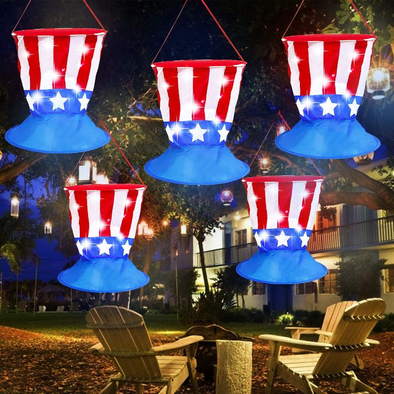 Photo 1 of 4th of July Decorations 70LED 5Pack Red White and Blue Lights American Flag Hat String Lights Patriotic Lights Battery Operate Fourth of July Decorations Outdoor Hanging Independence Day Decor
