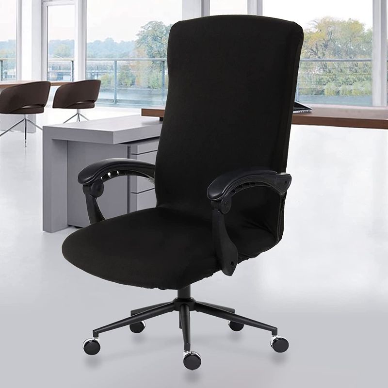 Photo 1 of Water Resistant Office Chair Cover with Durable Zipper - Stretchable Universal Computer Chair Covering - Smooth Soft Polyester Slipcovers for Rotating Boss Chair, Desk Chair, High Back Chair (Black)
