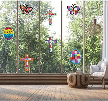 Photo 2 of Exquiss 3 Patterns for Easter Tissue Paper Suncatcher Crafts-Egg+Cross+Butterfuly Suncatchers Crafts with 1600pcs Craft Kits for Kids Easter Crafts Suncatchers Easter DIY Activities School Art Crafts