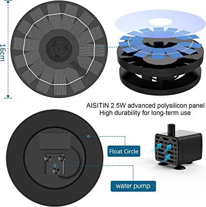 Photo 2 of AISITIN 2.5W Solar Bird Bath Fountain Pump, Solar Fountain Pump for Bird Bath with 6 Nozzles, 6.7" Solar Powered Water Fountain Pump for Garden, Ponds, Pool, Fish Tank, Outdoor and Aquarium