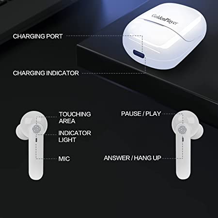 Photo 3 of GoldenPlayer True Wireless Earbuds, Bluetooth Headphones with Wireless Charging Case, Wireless in-Ear Headphones with Microphone, Touch Control, Stereo Sound Earphones for Sports White-- Factory Seal