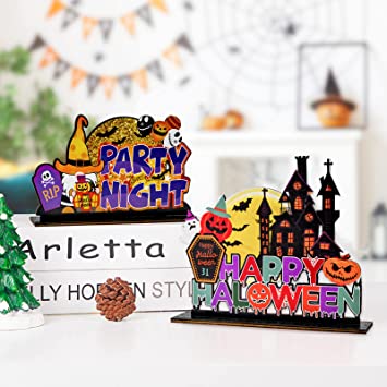 Photo 1 of 2Pcs Halloween Party Table Centerpiece Signs, Happy Halloween and Party Night Table Toppers, Wooden Halloween Table Sign Decoration for Dinner Coffee Bar
