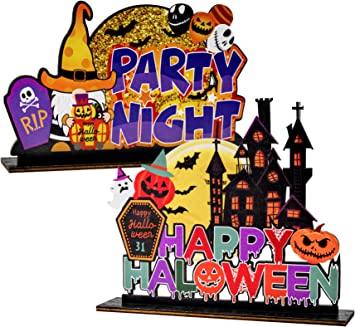 Photo 2 of 2Pcs Halloween Party Table Centerpiece Signs, Happy Halloween and Party Night Table Toppers, Wooden Halloween Table Sign Decoration for Dinner Coffee Bar