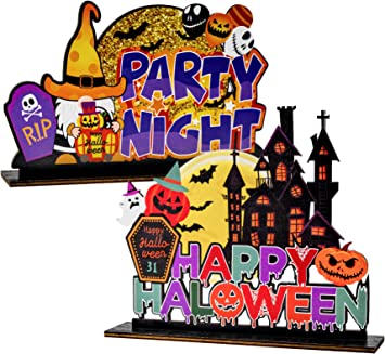 Photo 1 of 2Pcs Halloween Party Table Centerpiece Signs, Happy Halloween and Party Night Table Toppers, Wooden Halloween Table Sign Decoration for Dinner Coffee Bar