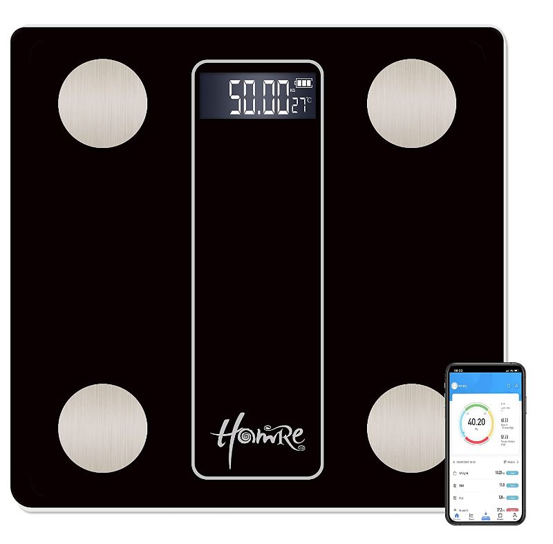 Photo 1 of HomRe Body Fat Scale Smart Digital Scale Bluetooth Scale Body Weight Bathroom Body Composition Scales for BMI,BMR,Fat, Water,V-Fat, Muscle Mass-Black Silver
