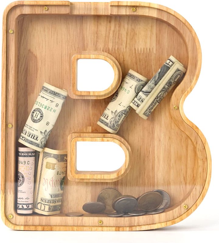 Photo 1 of (( FACTORY SEALED )) Letter Piggy Bank for Boys Girls Kids, Wooden Large Personalized Bills and Coins Bank Money Box, WOOD CITY Customized Name Gifts Piggy-Bank for Real Money, Bedroom Living Room Alphabet Decorations (B)
