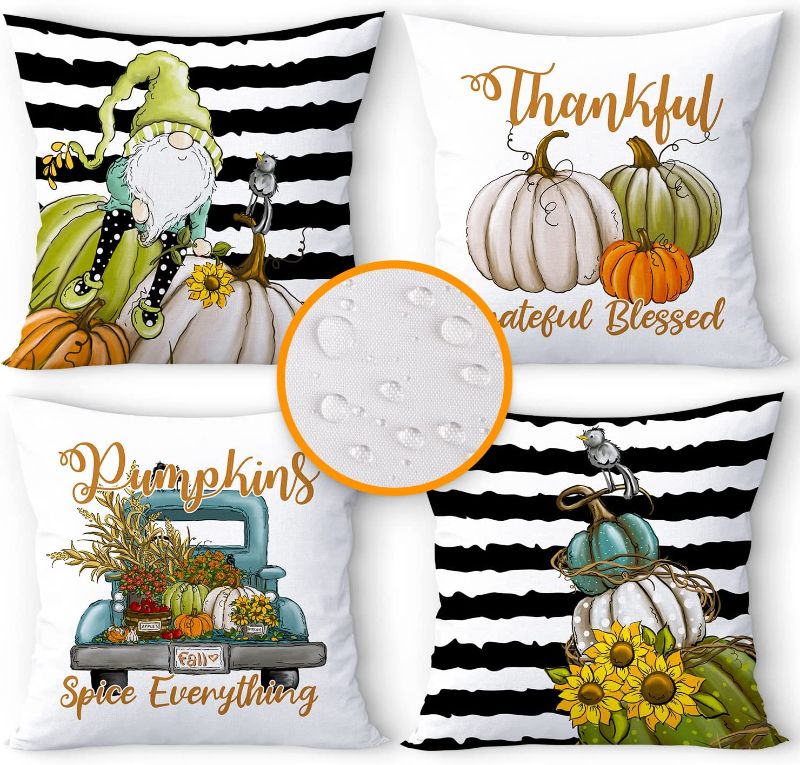 Photo 1 of (( FACTORY SEALED )) Ywlake 22x22 Fall Outdoor Throw Pillow Covers Set of 4, Thankful Pumpkin Gnome Autumn Waterproof Pillowcase Fall Decor Harvest Farmhouse Thanksgiving Halloween Decorations Cushion Cases Couch Sofa
