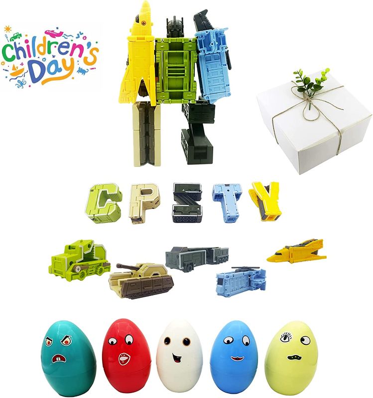 Photo 1 of Children Gift 5 Pack Alphabet Robots Transforming Action Figure Colorful Eggs with DIY Stickers for Educational Gifts (E H K O R Combination)
