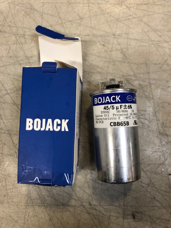 Photo 2 of ** USED ** BOJACK 45+5uF 45/5MFD ±6% 370V CBB65 Dual Run Circular Start Capacitor for AC Motor Run or Fan Start or Condenser Straight
