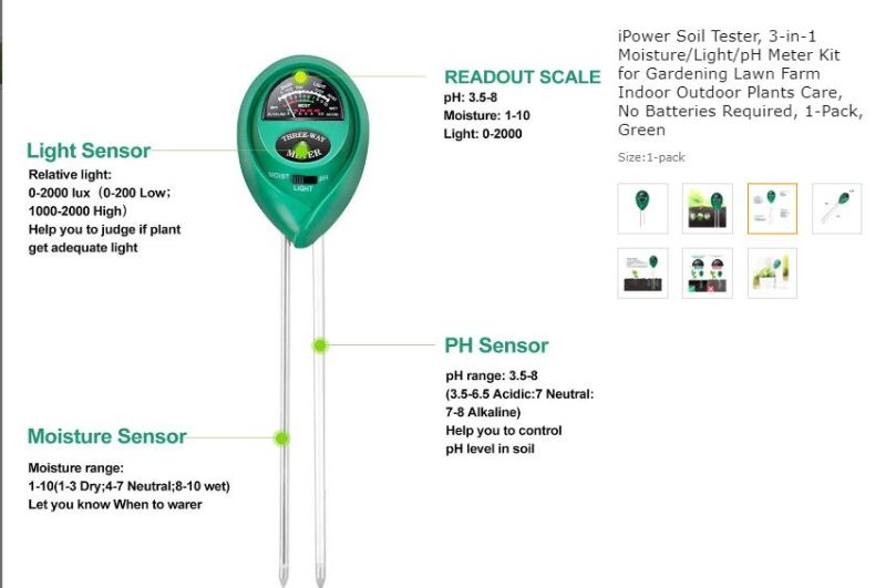 Photo 1 of ** USED ** iPower Soil Tester, 3-in-1 Moisture/Light/pH Meter Kit for Gardening Lawn Farm Indoor Outdoor Plants Care, No Batteries Required, 1-Pack, Green
