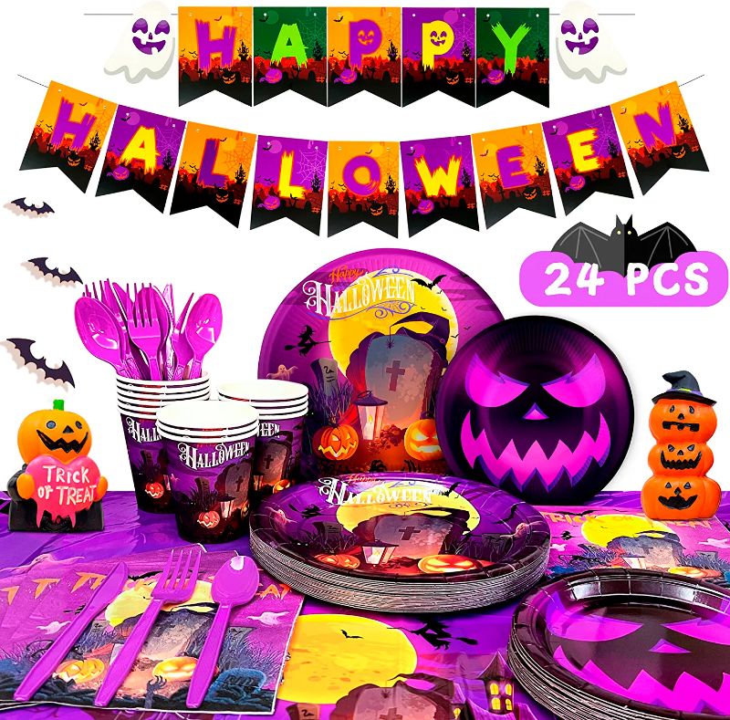 Photo 1 of 185 Pcs Halloween Witch Party Supplies Tableware Set-Happy Birthday Halloween Plates Cups Napkins Tablecloth Spoons Forks Knives ect Halloween Party Supplies for Kids & Adults (Purple)
