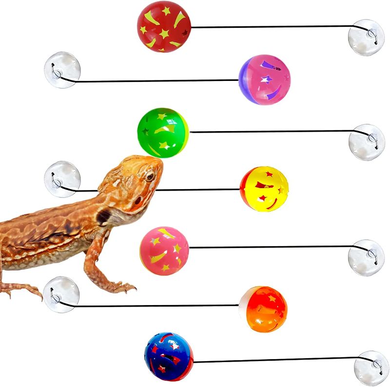 Photo 1 of 2 COUNT OF 7 Pack Bearded Dragon Toys, Reptile Toy Bell Balls with Suction Cups and Ropes for Lizard Small Animals
