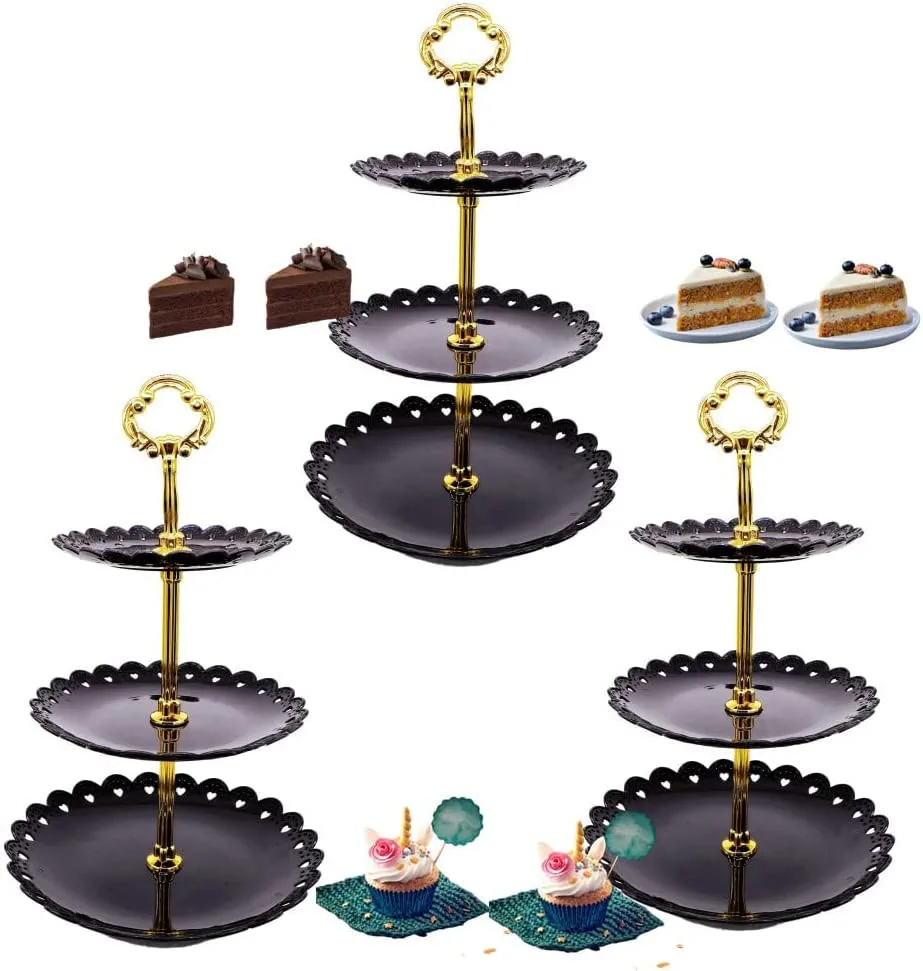 Photo 1 of 3 Pack 3 Tiers Black Plastic Cupcake Stand Dessert Stand Tiered Serving Trays with Gold Rod Round Trays for Wedding Home Birthday Party Decor Serving Platter
