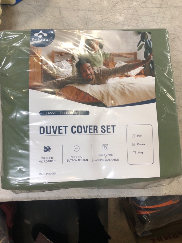 Photo 2 of Anluoer Duvet Cover Queen Size with 2 Pillow Shams- Washed Queen Duvet Cover Set with Buttons Closure , Soft Microfiber Bedding Comforter Covers for All Season(Olive Green, 90x90 inches, 3 Pieces ) Olive Green Queen(90"X90")