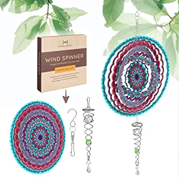 Photo 1 of Aesthetic Hanging Wind Spinner Set - Dazzling 3D Mandala Kinetic Art Kit with Dual Helix Tail and Two Spiral Crystals - Beautiful 12 Inch Stainless Steel Wind Spinners for Yard and Garden Decor