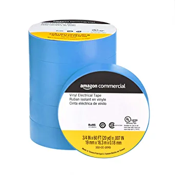 Photo 1 of AmazonCommercial Vinyl Electrical Tape, 3/4 in x 60 ft x 0.007in (19 mm x 18.3 m x 0.18mm), Blue, 6-Pack
