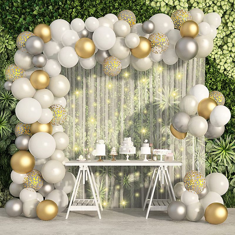 Photo 1 of 
White Balloon Garland Kit with Led String Lights White Backdrop Curtain, Silver White