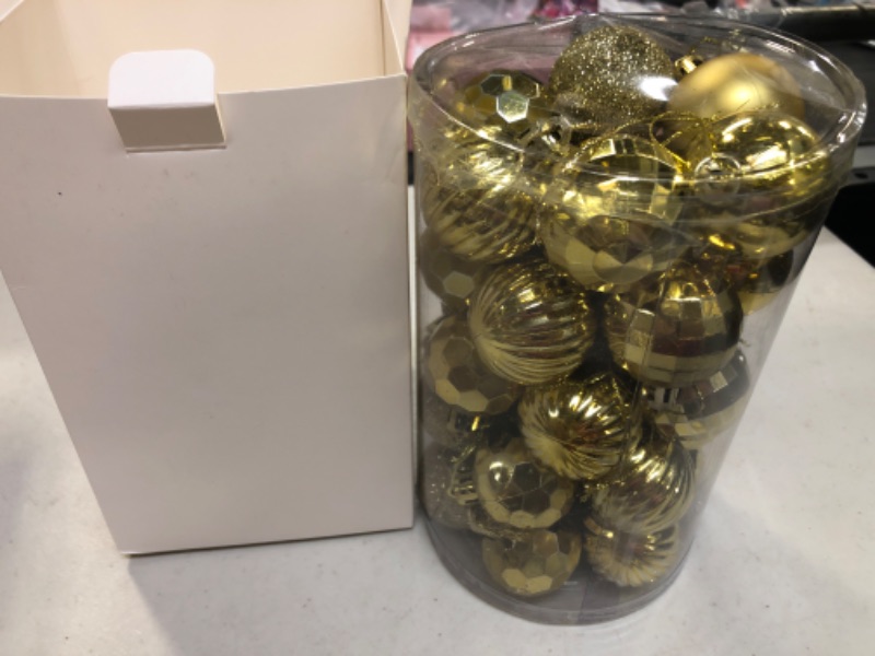 Photo 2 of 34 Ct Christmas Tree Ornaments 1.57 inch Shatterproof Plastic Xmas Tree Hanging Balls for Christmas Decorations (Gold)