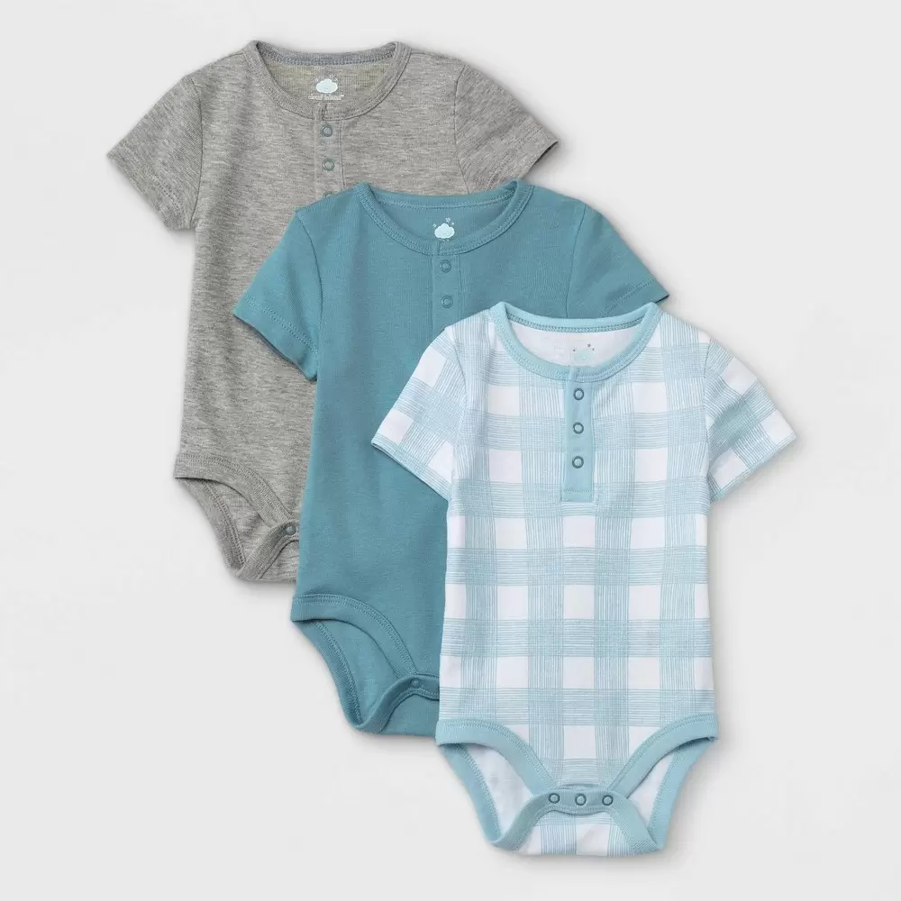 Photo 1 of 12M--Baby Boys' 3pk Basic Henley Short Sleeve Bodysuit - Cloud Island Blue 12M
