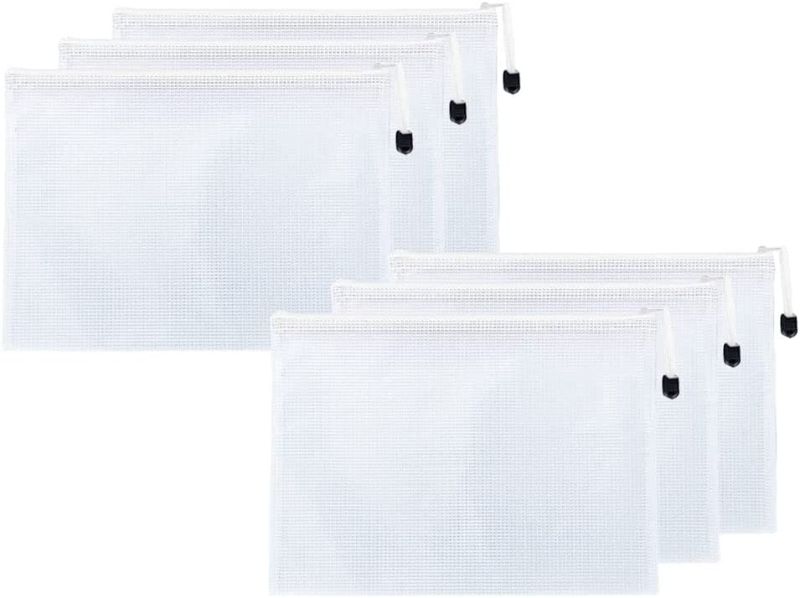 Photo 1 of 6pcs Mesh Zipper Pouch Document Bag, Waterproof Zip File Folders, Plastic Zipper Bags, Letter Size, A4 Size, for School Office Supplies, Storage Bags Cosmetics Travel Bags White
