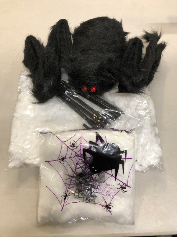 Photo 2 of 200" Halloween Giant Spider Web Decoration+59" Huge Spider+12 Mini Fake Spiders and Stretch Cobwebs, Fake Spiders with Triangular Spider Web for Indoor Outdoor Halloween Yard Home Haunted House Decor