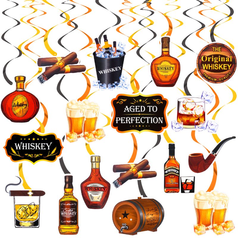 Photo 1 of 30 Pcs Whiskey Birthday Decorations for Men Mens Birthday Decorations Beer Themed Party Decorations Beer Decorations Whiskey Hanging Swirls Cigar Beer Hanging Swirls