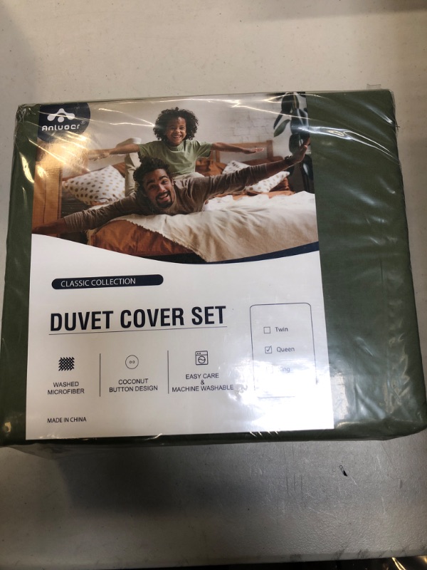 Photo 3 of Anluoer Duvet Cover Queen Size with 2 Pillow Shams- Washed Queen Duvet Cover Set with Buttons Closure , Soft Microfiber Bedding Comforter Covers for All Season(Olive Green, 90x90 inches, 3 Pieces ) Olive Green Queen(90"X90")