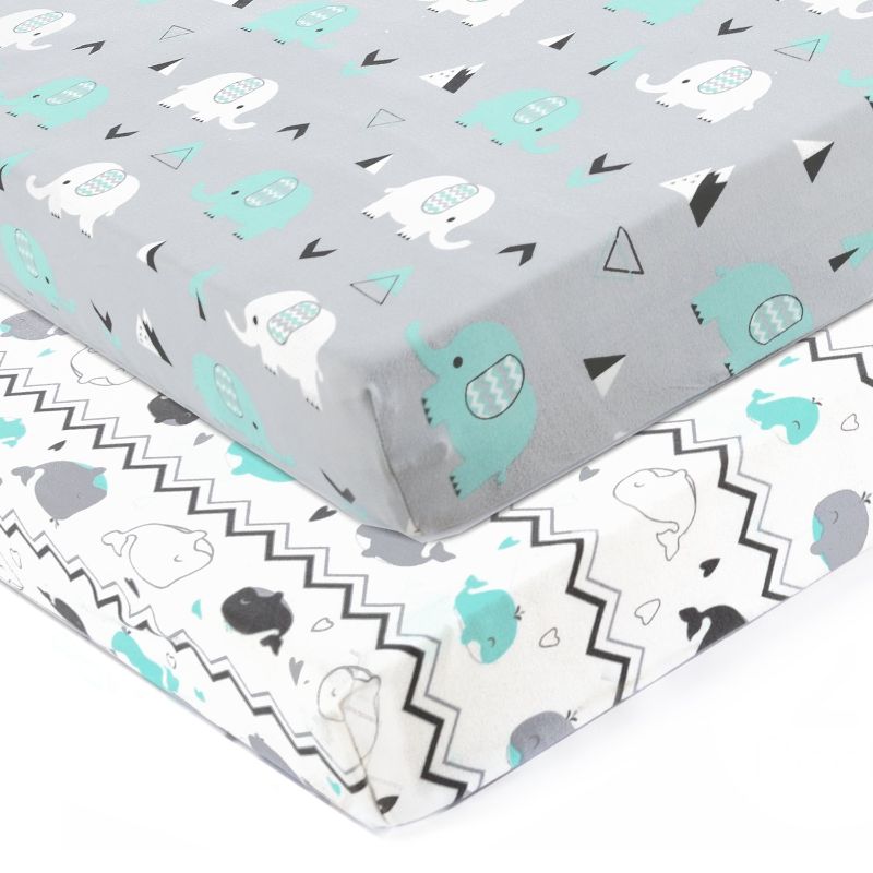 Photo 1 of ** USED ** Stretchy Fitted Crib Sheets Set BROLEX 2 Pack Portable Crib Mattress Topper for Baby Boys Girls,Ultra Soft Jersey,Full Standard,Elephant & Whale
