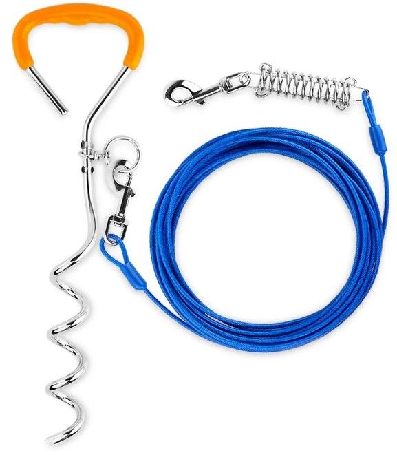 Photo 1 of ** USED ** Petbobi 30 Feet Tie Out Cable Chew- Proof for Dog Stake with Durable Spring Rust- Proof Training Tether Reflective Training Runner Pet Lead Great for Playing, Camping and Backyard In Ground (Blue)
