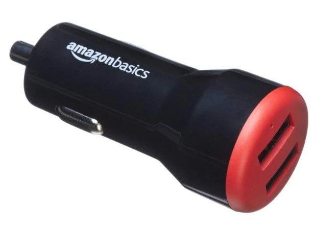 Photo 1 of ** USED ** (( ONE PC )) Amazon Basics Dual-Port USB Car Charger Adapter for Apple and Android Devices, 4.8 Amp, 24W, Black and Red
