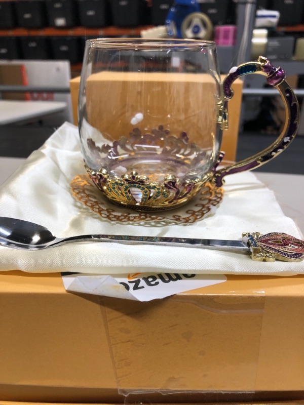 Photo 3 of  Glass Tea Cup Coffee Mug, Hand Blown Glass Drinking Mug, Vin­tage Glass Cups with Spoon Set, Birthday Decoration Wedding Gift Ideas (Purple Short) box damage 