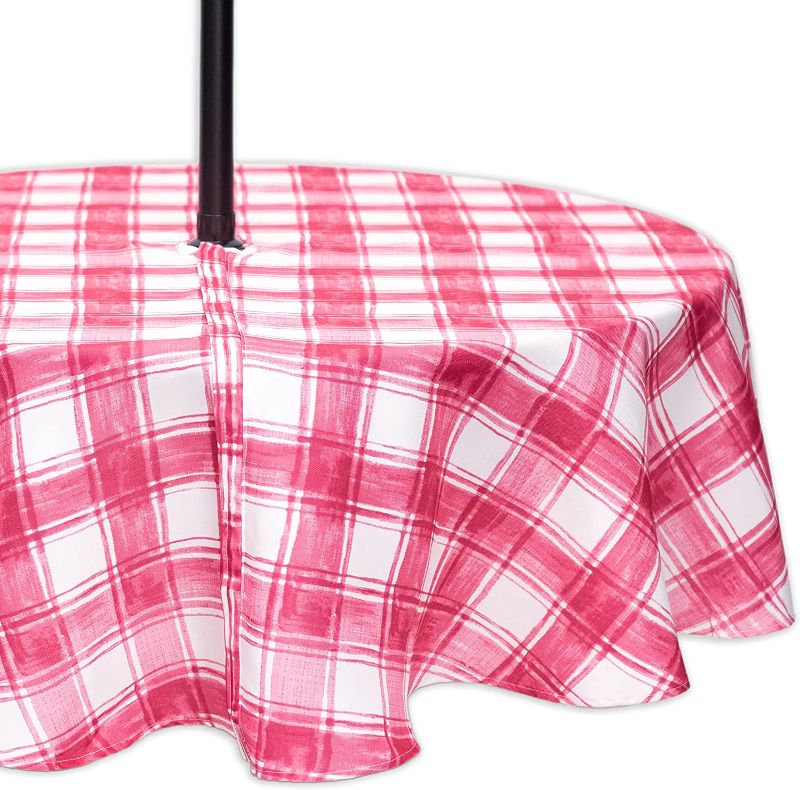 Photo 1 of YiHomer Spring & Summer Outdoor Table Cloth - 60 Inch Round Tablecloth - Waterproof Wrinkle Free Table Cover with Zipper and Umbrella Hole, Tartan Fashion (Pink Red)
