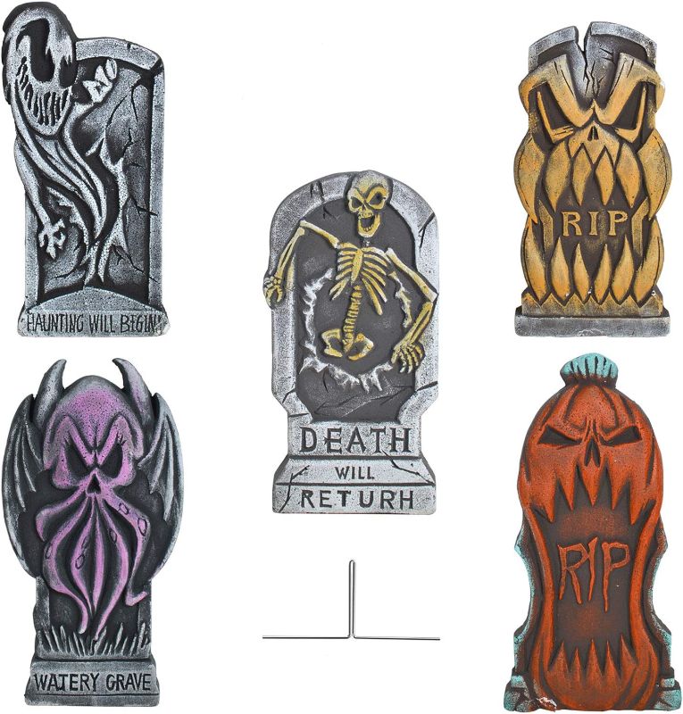 Photo 1 of ALLADINBOX Halloween 16.5" Foam RIP Graveyard Tombstones(5 Pack),Headstone Decorations and 10 Bonus Metal Stakes for Halloween Yard Decorations,Tombstone Decorations Outdoor
