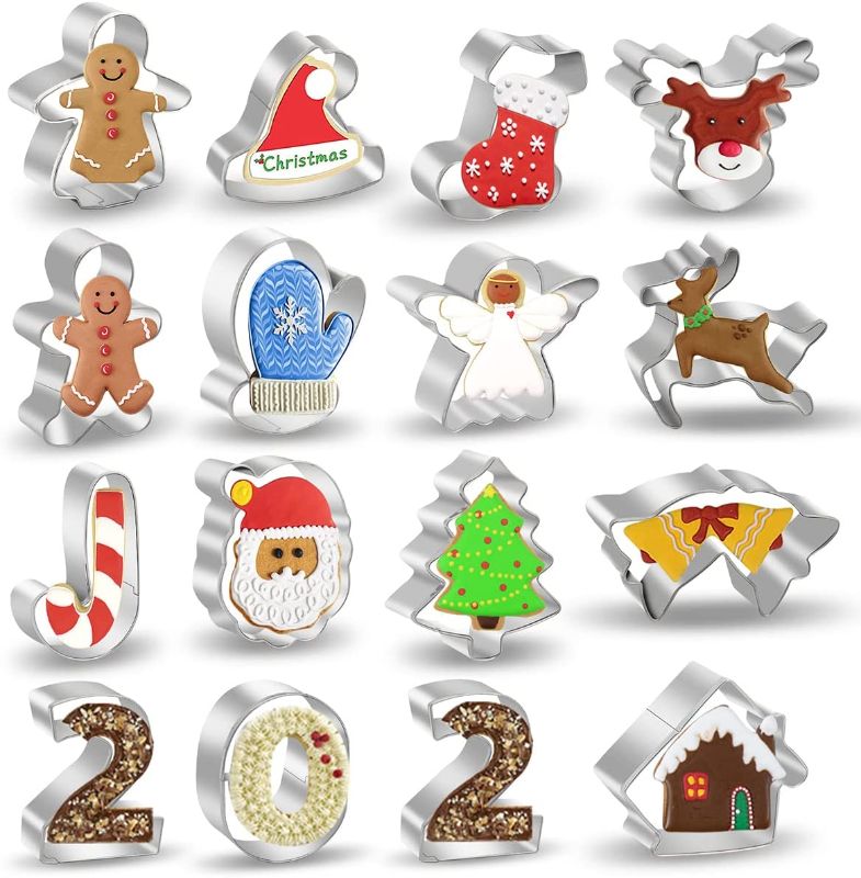 Photo 1 of 16 Pcs Christmas Cookie Cutters Winter Set, Large Metal Cookie Cutters Shape - Gingerbread Man Tree Snowflake Candy Cane Santa Snowman Bell, Reindeer & More for Holiday
