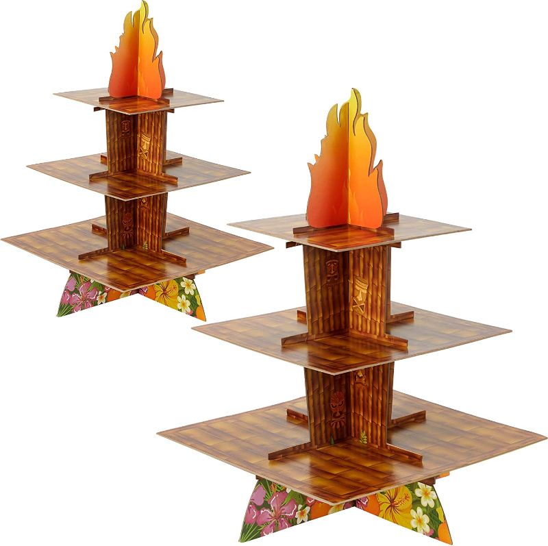 Photo 1 of 2 Pieces Torch Luau Cupcake Stand Flame 3 Tiers Cupcake Holders Cardboard Hawaiian Cupcake Tower Tropical Party Supplies for Theme Party Decorations, 15.7 Inch High
