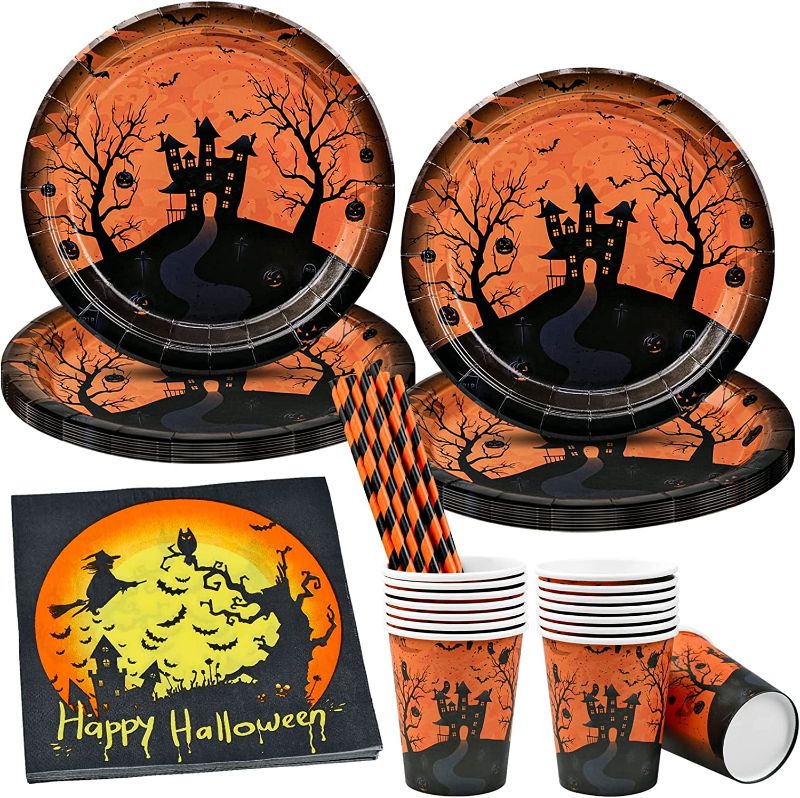 Photo 1 of 68 Pcs Halloween Party Tableware, Serves 16 Guests, Castle Pattern Halloween Paper Plates and Cups and Napkins and Straw Sets

