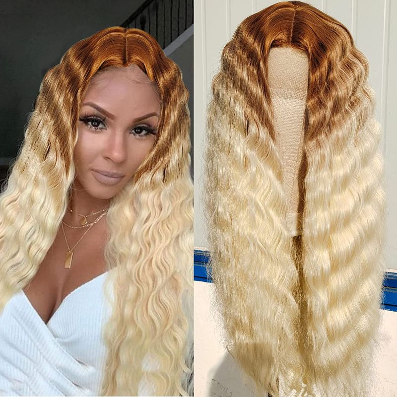 Photo 1 of 28inch Long Ombre Synthetic Lace Front Wig 27/613 Ombre Blonde Synthetic Curly Wig Fake Scalp Loose Deep Wave Lace Wig Fluffy Cimps Curls for Daily Party
