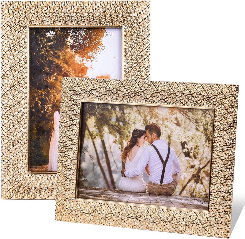 Photo 1 of 5x7 Picture Frame 2 Pack with HD Clear Glass for Desk or Wall Display, Metal Photo Frames Hold 5 X 7 Photos, Ornate Baroque, Glitter Gold, engagement and Wedding Gifts for Couples, Friends, Bridesmaid
