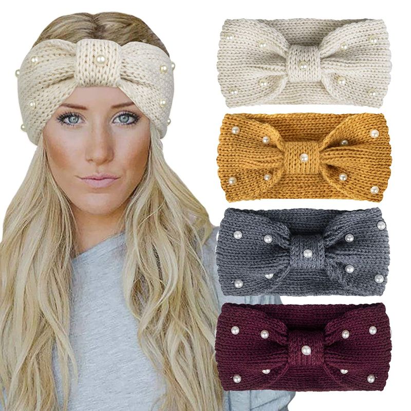 Photo 1 of Chalier 4 Pack Winter Headbands for Women Warm Crochet Turban Knitted Ear Warmer Headband Vintage Bow Hairband with Pearl(Burgundy)
