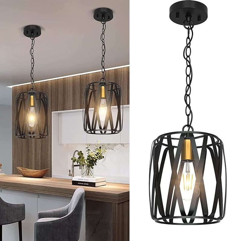 Photo 1 of Brillihood Caged Pendant Light, Industrial Farmhouse Black Pendant Light Fxitures with LED Bulb, Hanging Pendant Lighting for Kitchen Island, Dining Room, Bedroom, Bar, Hallway
