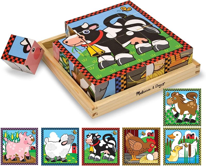 Photo 1 of Melissa & Doug Farm Wooden Cube Puzzle With Storage Tray - 6 Puzzles in 1 (16 pcs)
